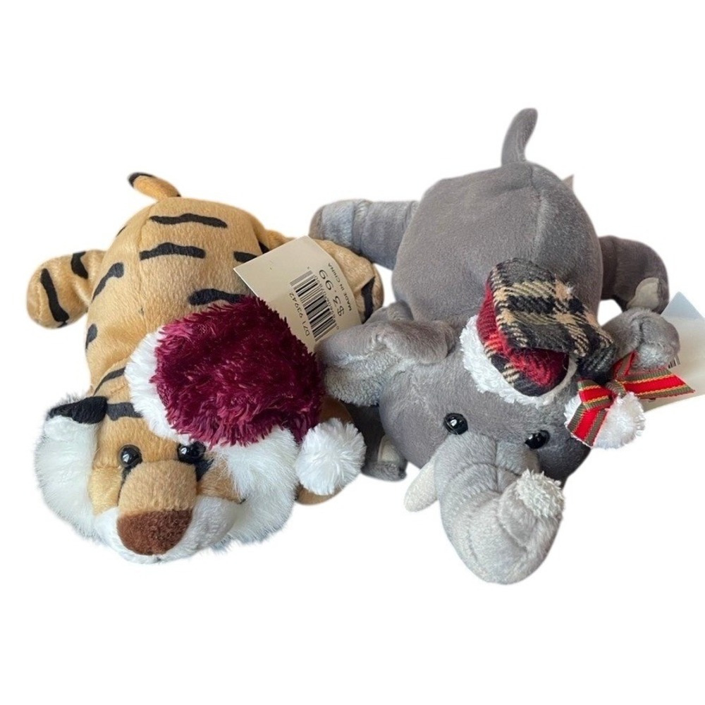 New Christmas Plush Toy Set Tiger with Beanie and Elephant with Plaid Scarf 2pc